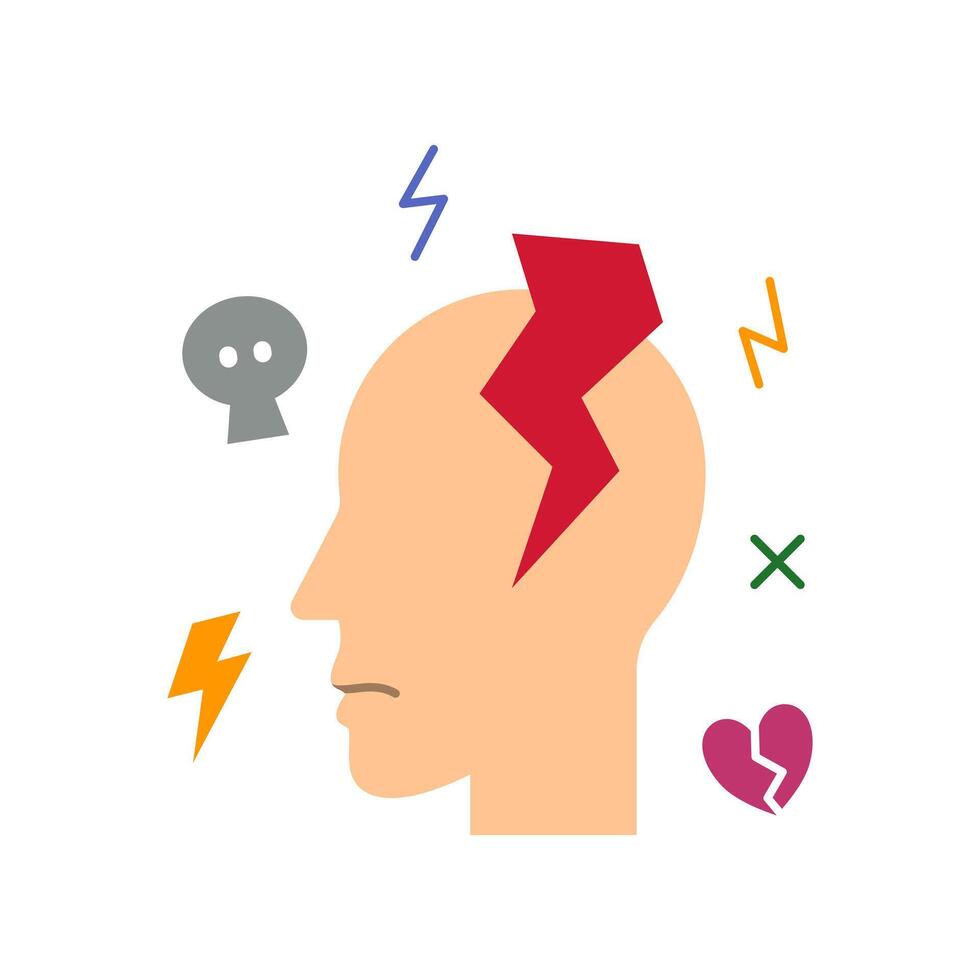 A head surrounding by red lightning, broken heart, skull, to represent stress, bad mood, and anxiety disorder vector