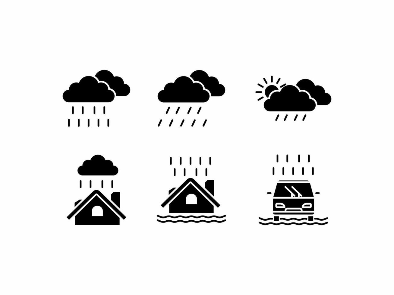 Illustration icon of rain clouds, house and flooded vehicle. Suitable for weather or forecast designs. vector