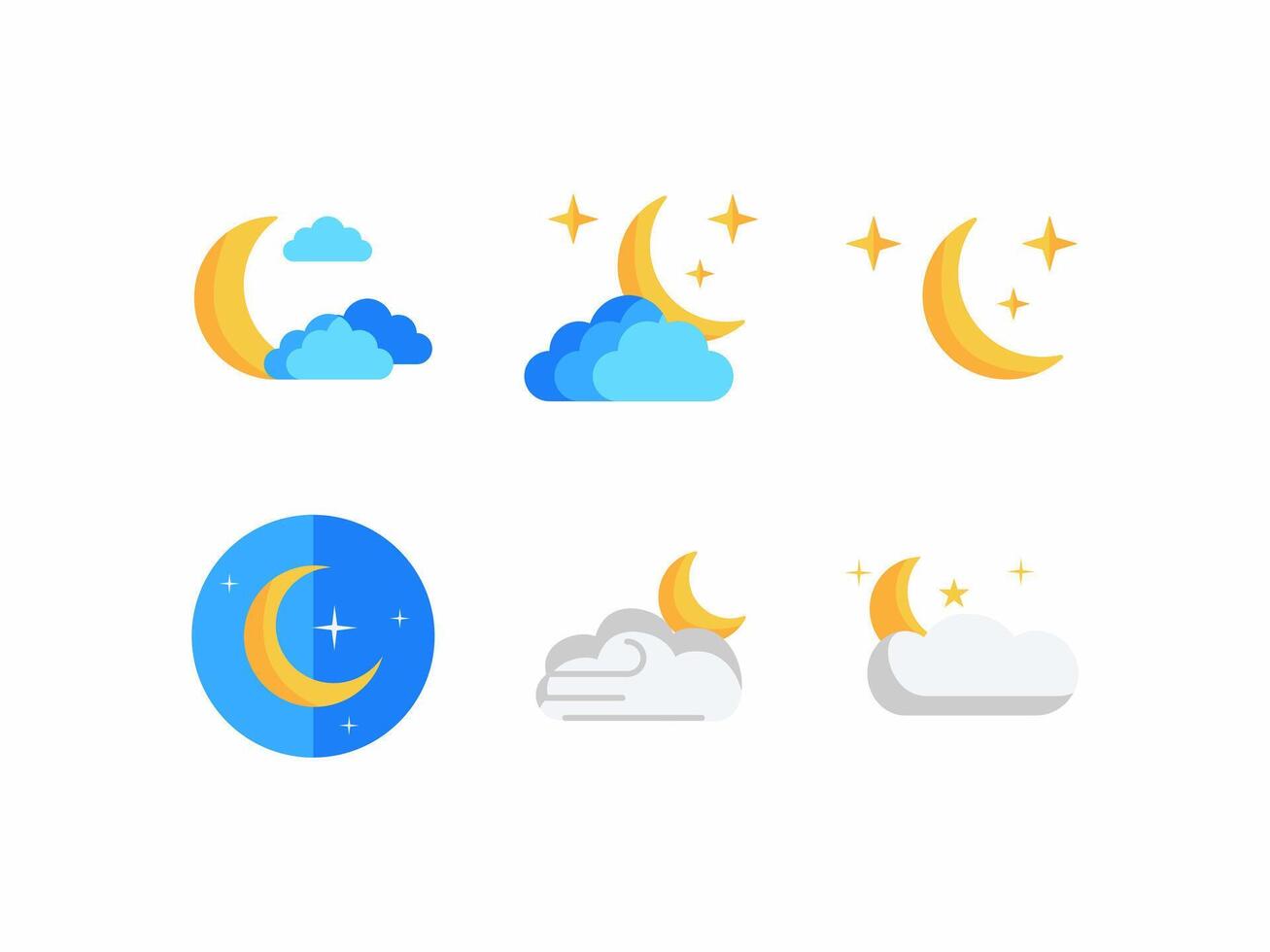 night icon with Six crescent moons, stars, and clouds in a nighttime scene. Suitable for sky, weather and night themed designs and concepts. vector