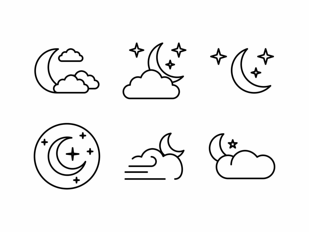The line icon image of the moon and clouds is suitable for night-themed designs. Great for backgrounds, coloring pages, stationery and digital illustrations. vector