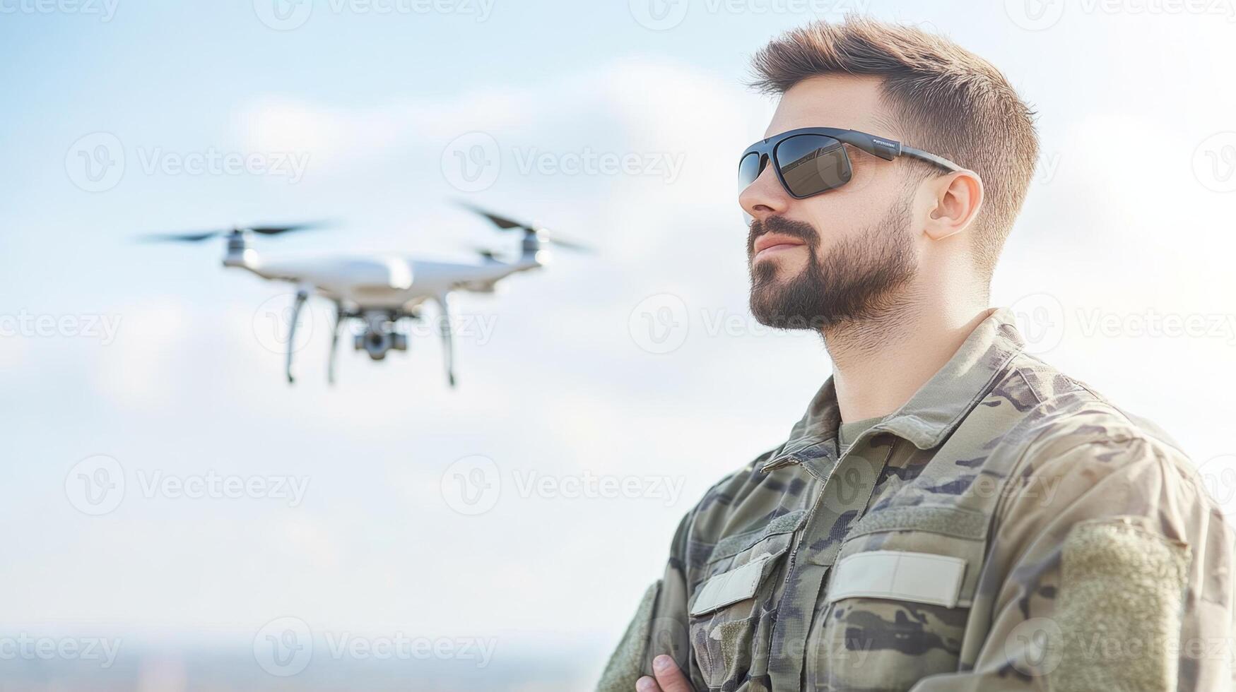 military drone operator wearing sunglasses and uniform photo