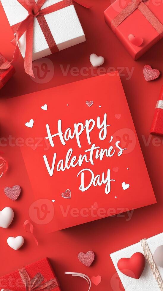 red background with Happy Valentine's Day text, surround by valentines decorations. photo