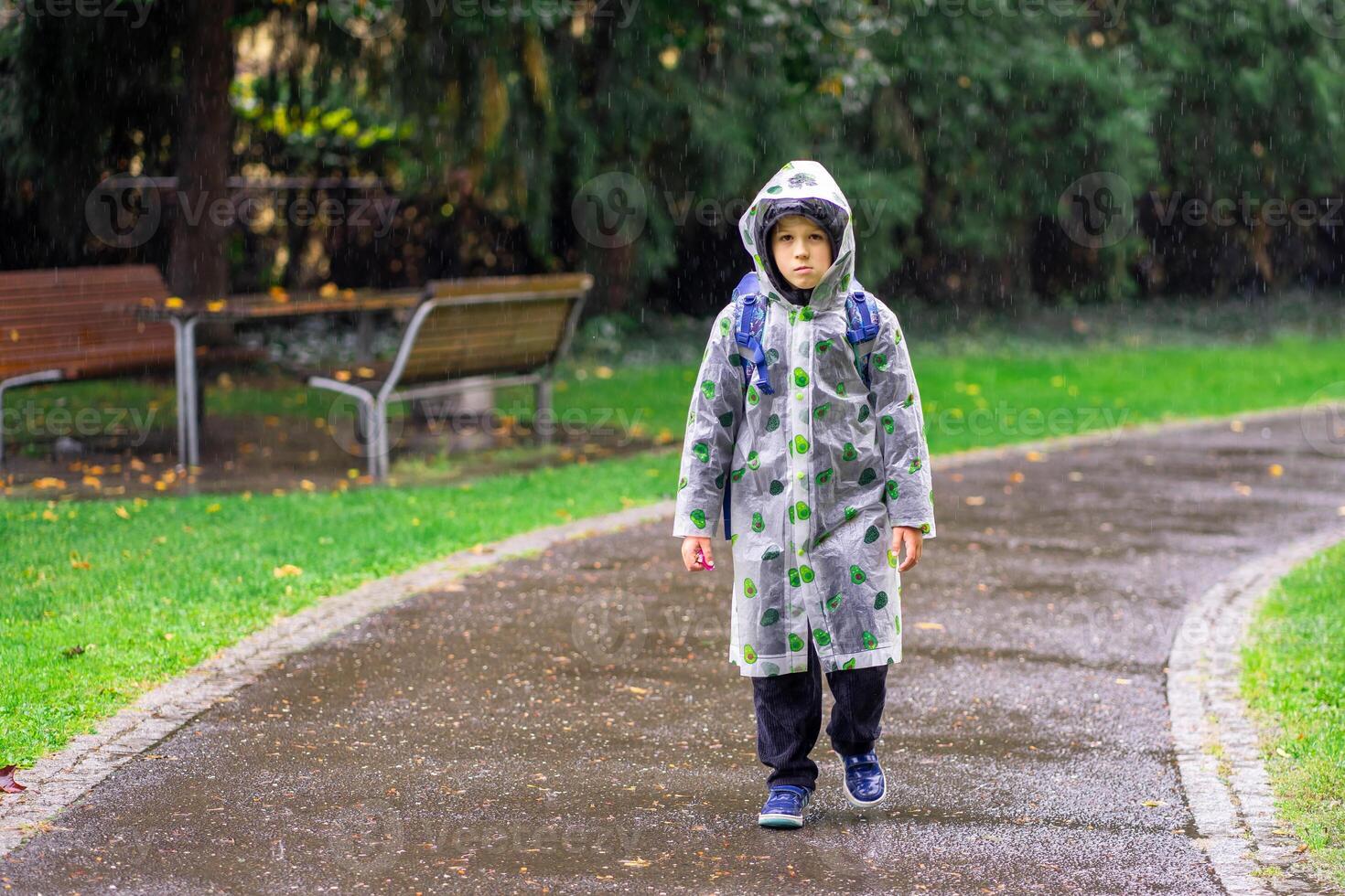 A child in a raincoat with a school bag goes to school in the rain. photo