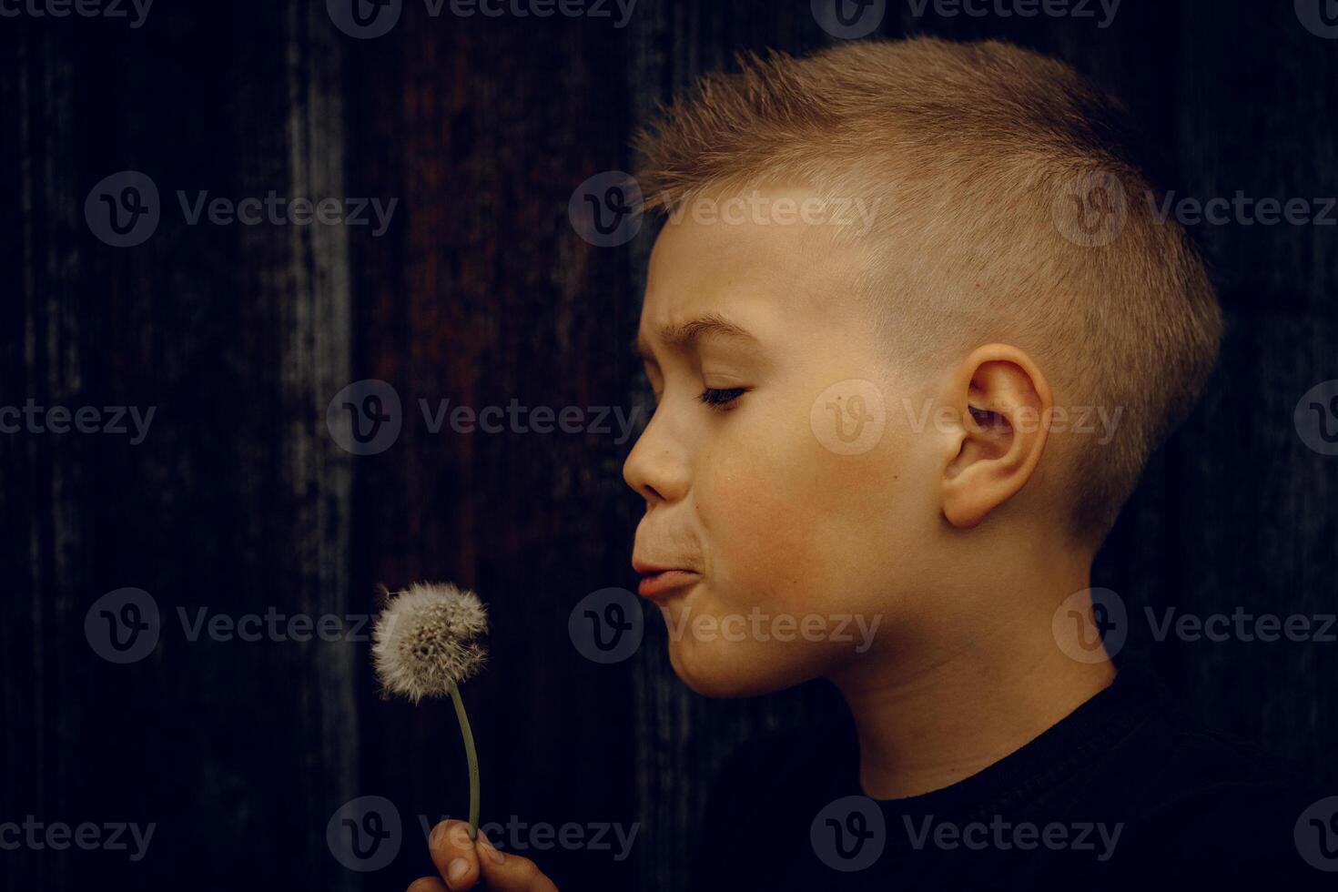 A boy with blond hair blows on a white dandelion photo