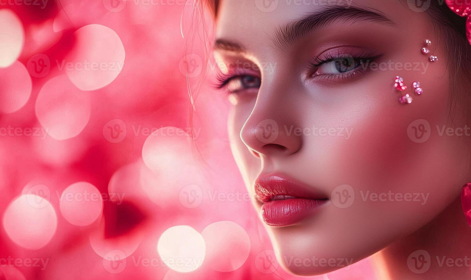 A Pink petals in soft focus surround the scene, adding a dreamy and romantic atmosphere to the composition. Her bold makeup is enhanced by soft lighting photo