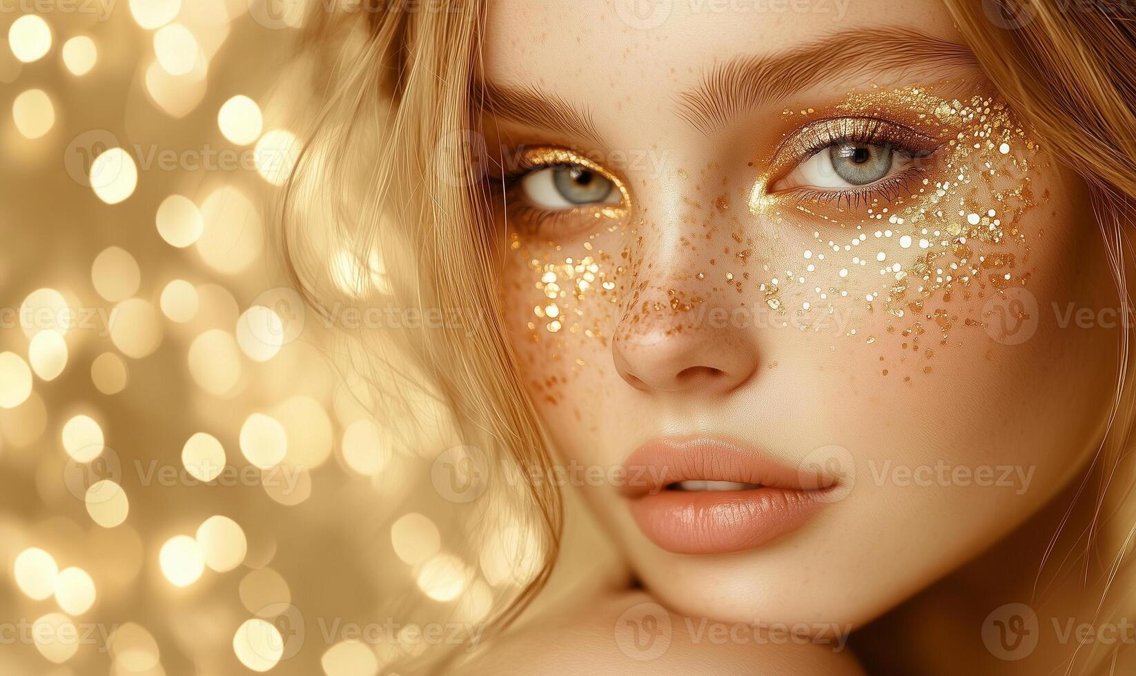 The womans glossy lips, slightly parted, exude sensuality and elegance, adding depth to the composition. Intricate golden accessories frame her hair, giving her an enchanting photo