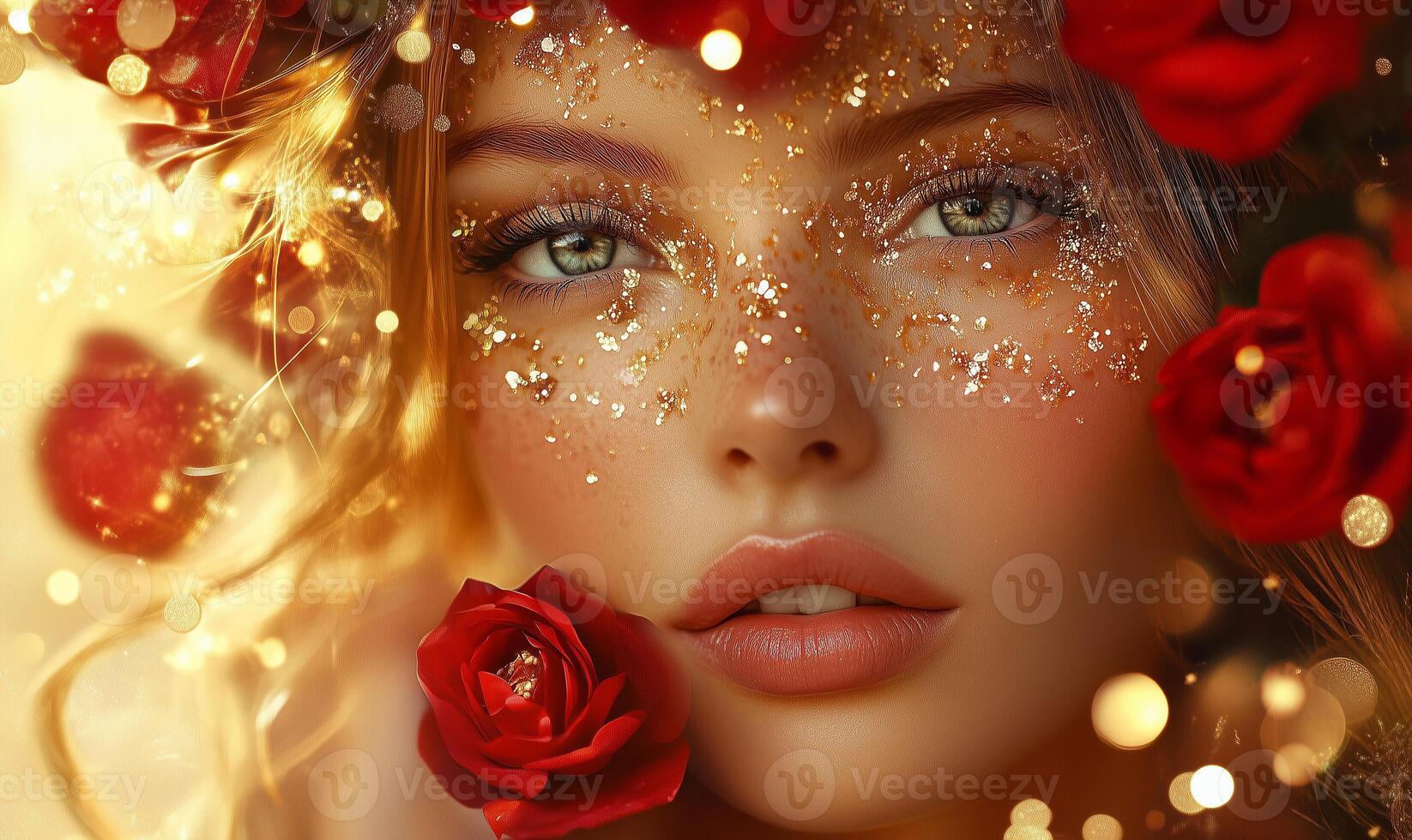 A close-up portrait of a young woman with striking blue eyes, glistening with reflections of light. Her face is adorned Her dark, wet hair frames her face, creating an intimate, emotive aesthetic. photo
