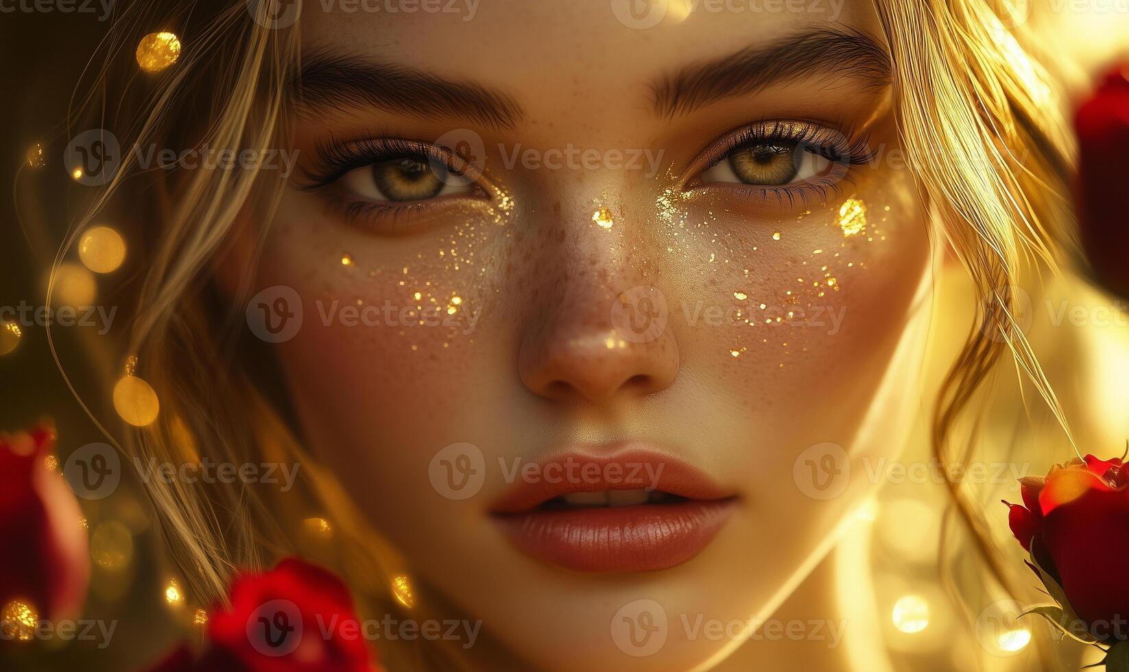 A close-up portrait of a young woman with striking blue eyes, glistening with reflections of light. Her dark, Pink petals in soft focus surround the scene, adding a dreamy and romantic atmosphere photo