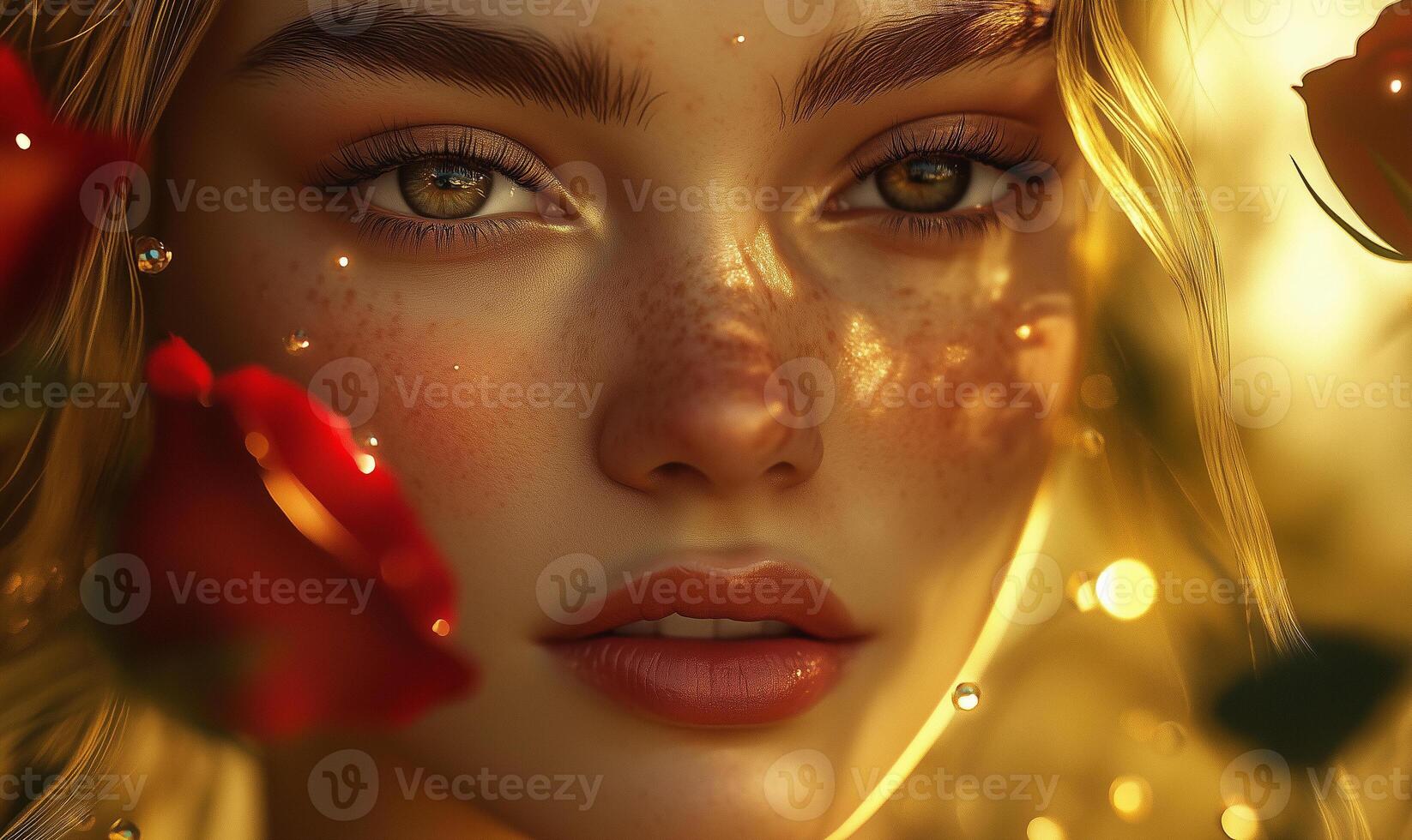 A close-up portrait of a young woman with striking blue eyes, glistening with reflections of light. Her face is adorned with freckles and delicate droplets of water. photo