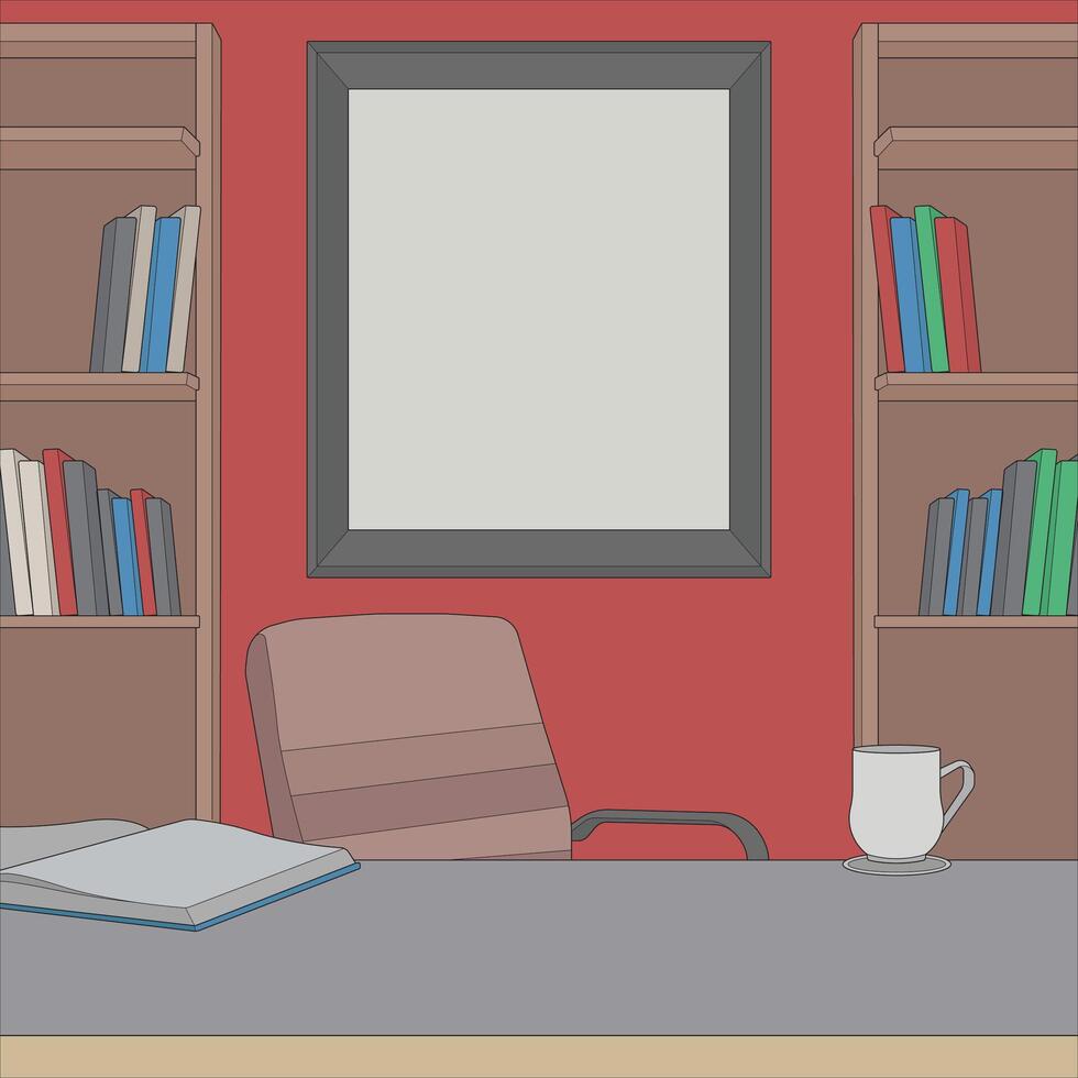 office desk with bookshelf and chair illustration vector