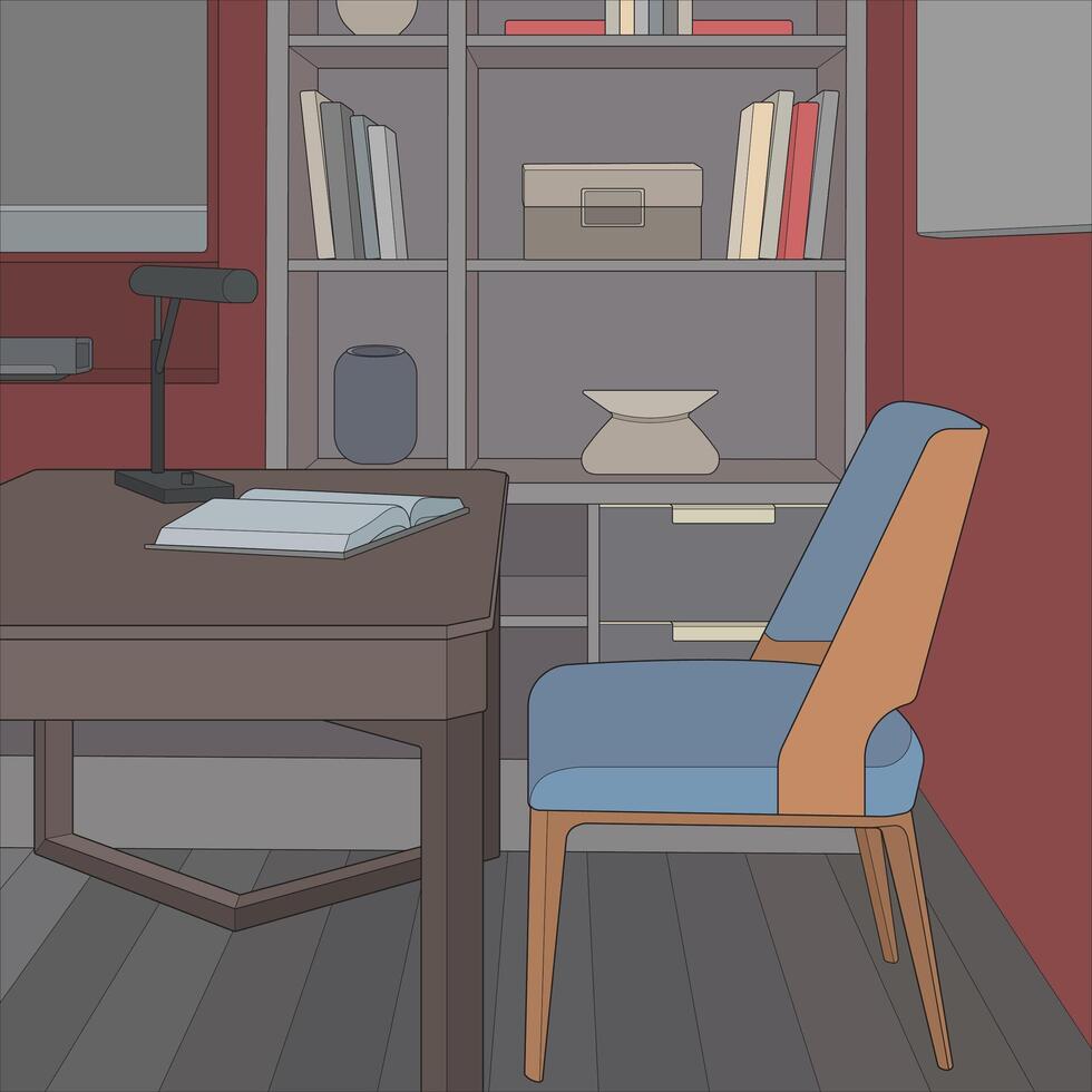 a cartoon of a home office with a desk and chair vector