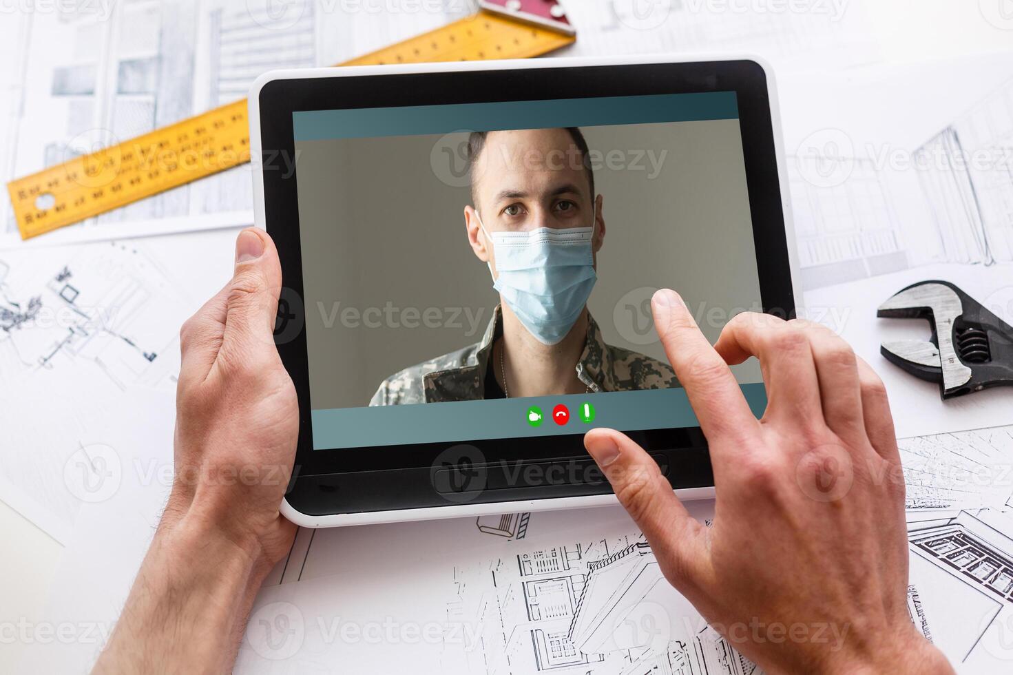 Closeup of a woman talking through chat on tablet. communicating tablet in chat through webcam. photo