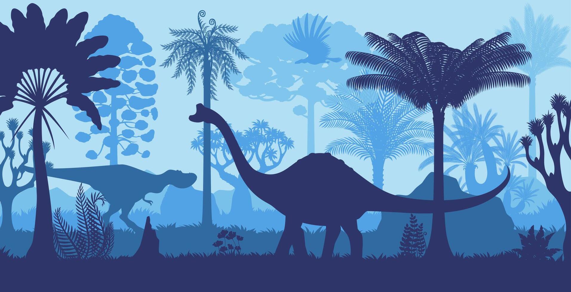 Dinosaurs silhouettes in tropical jungle forest vector