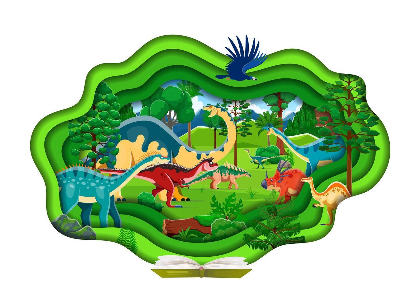 Paper cut dinosaurs landscape with opened book vector