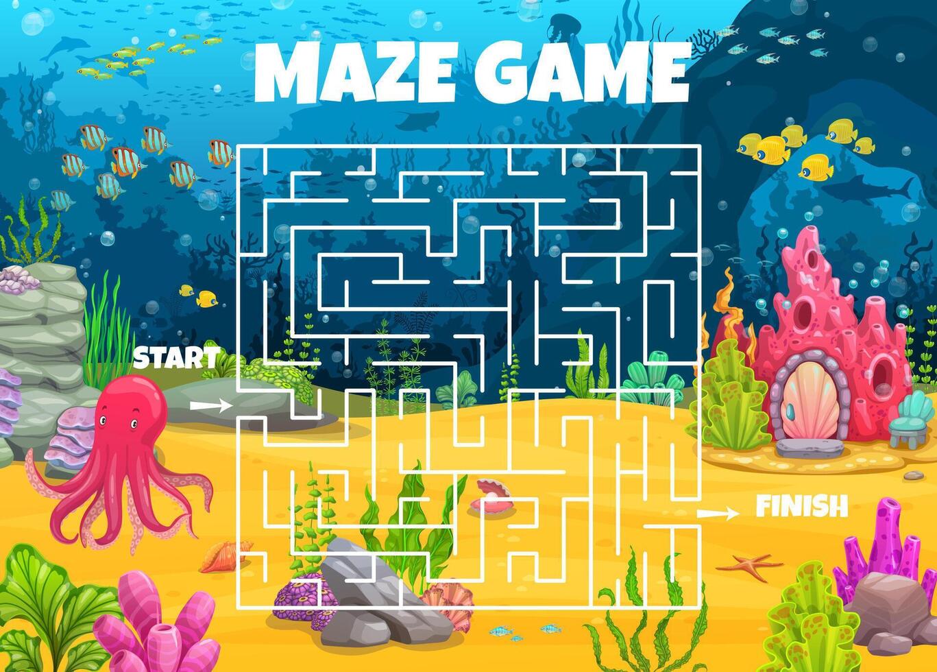 Labyrinth maze game, help octopus find his home vector