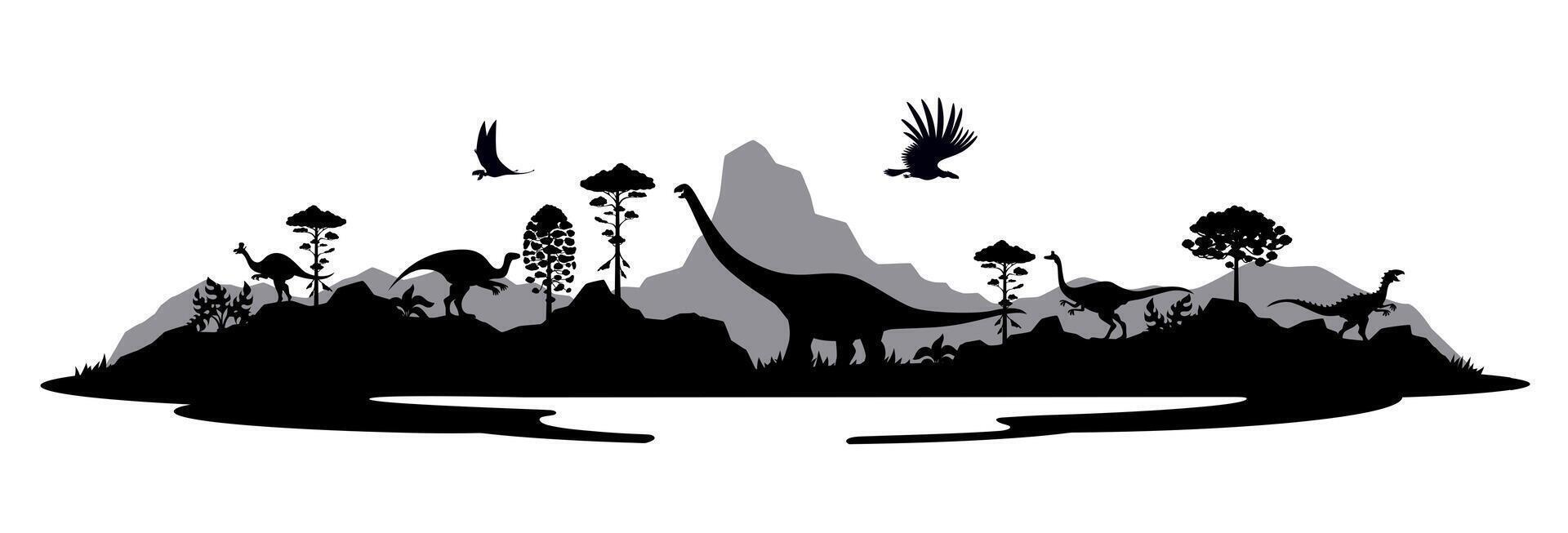 Monochrome prehistoric dinosaur silhouettes vector