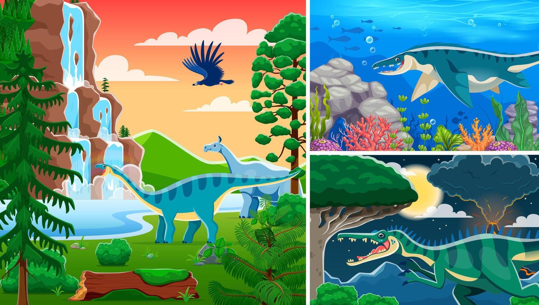 Prehistoric dinosaur and lizard characters collage vector