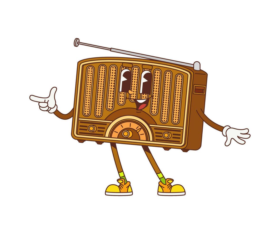 Groovy retro radio, hippie cartoon funny character vector