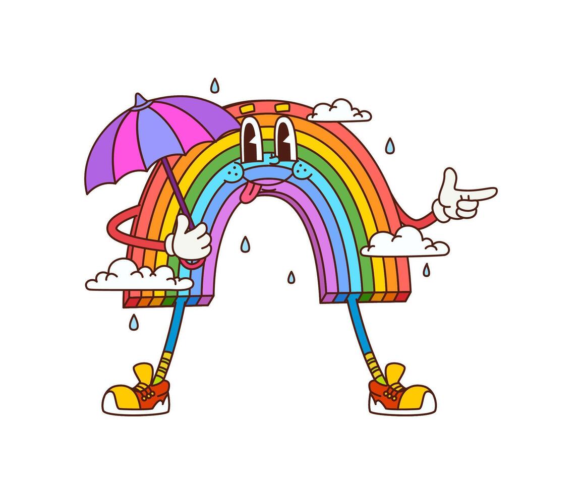 Retro groovy rainbow character with an umbrella vector