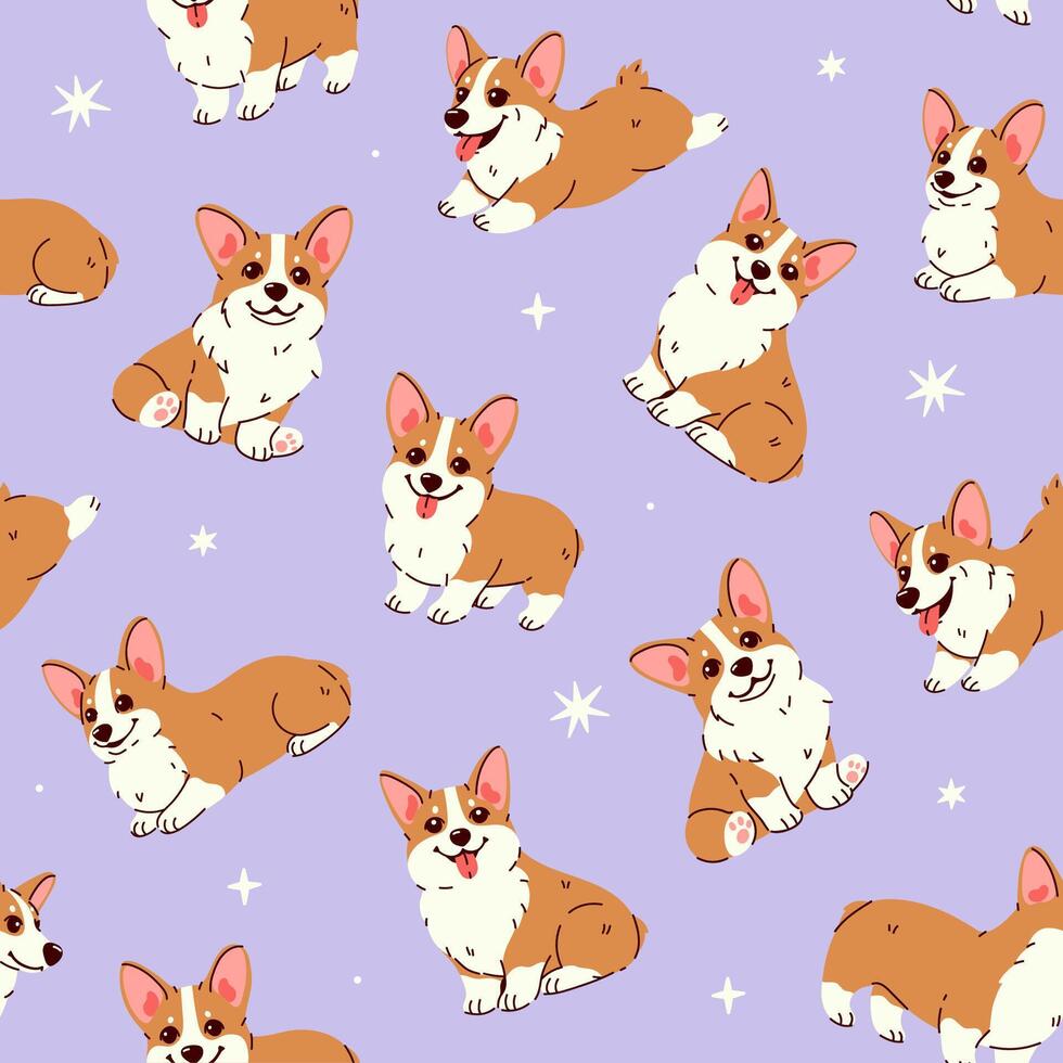 Seamless pattern with cute red corgis on a light purple background. graphics. vector