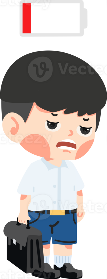 Kid student tired and low battery cartoon png