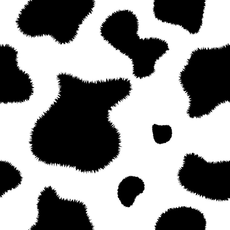 Animalistic texture spot, fluffy skin black and white cow. Trendy animalistic seamless pattern for fashion, packaging, fabric and more. vector
