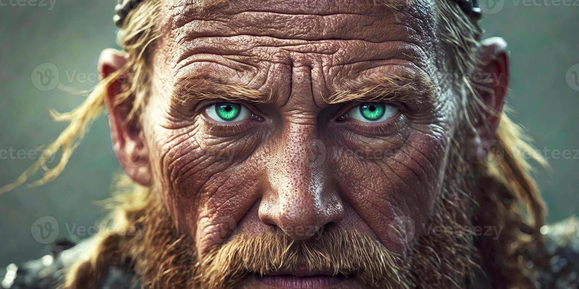 Close up of 46 year old viking with striking green eyes and rugged skin texture in cinematic style photo