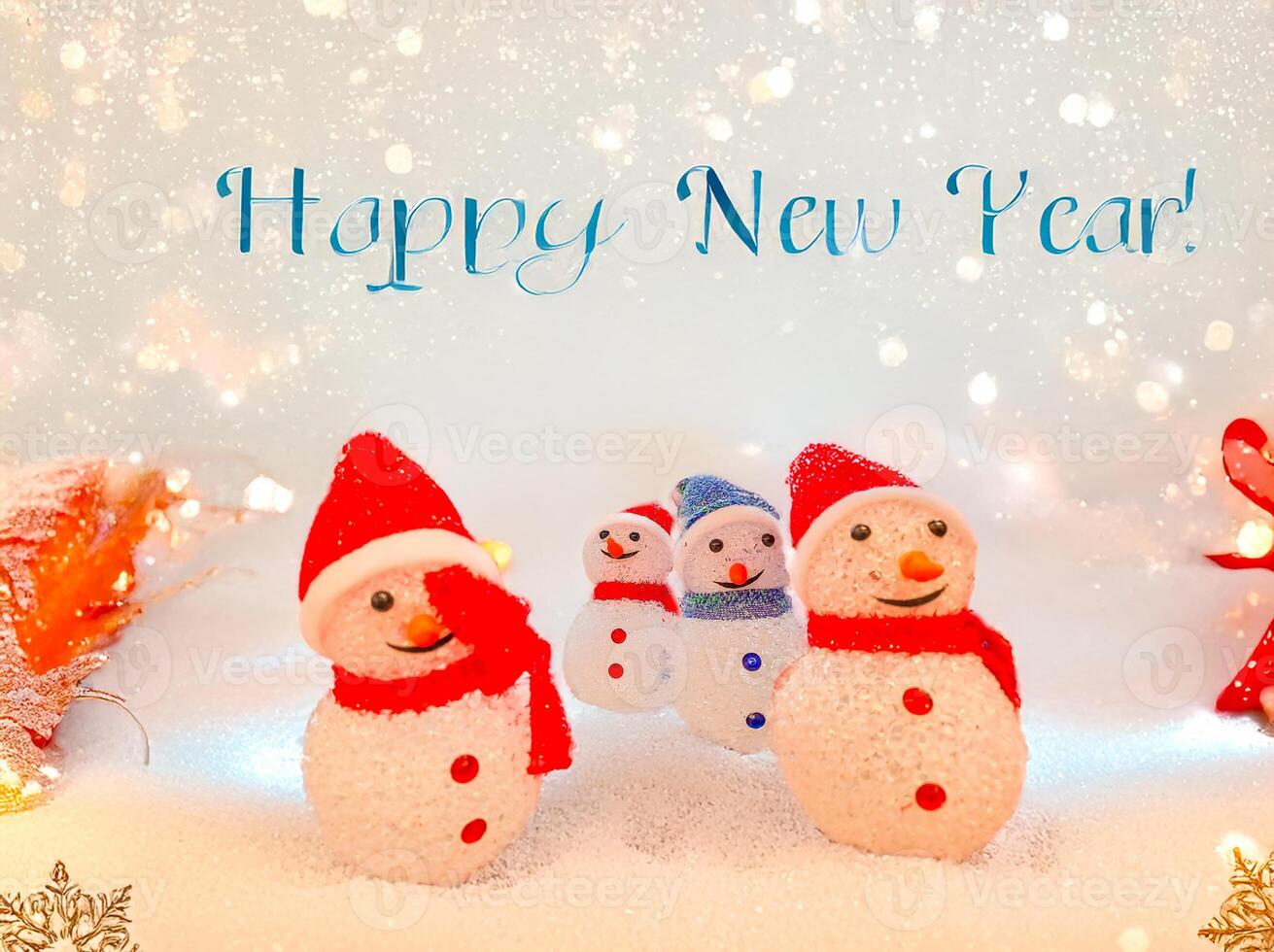 Decoration of snowmen toys for the New Year holidays. Snowmen in colorful hats photo