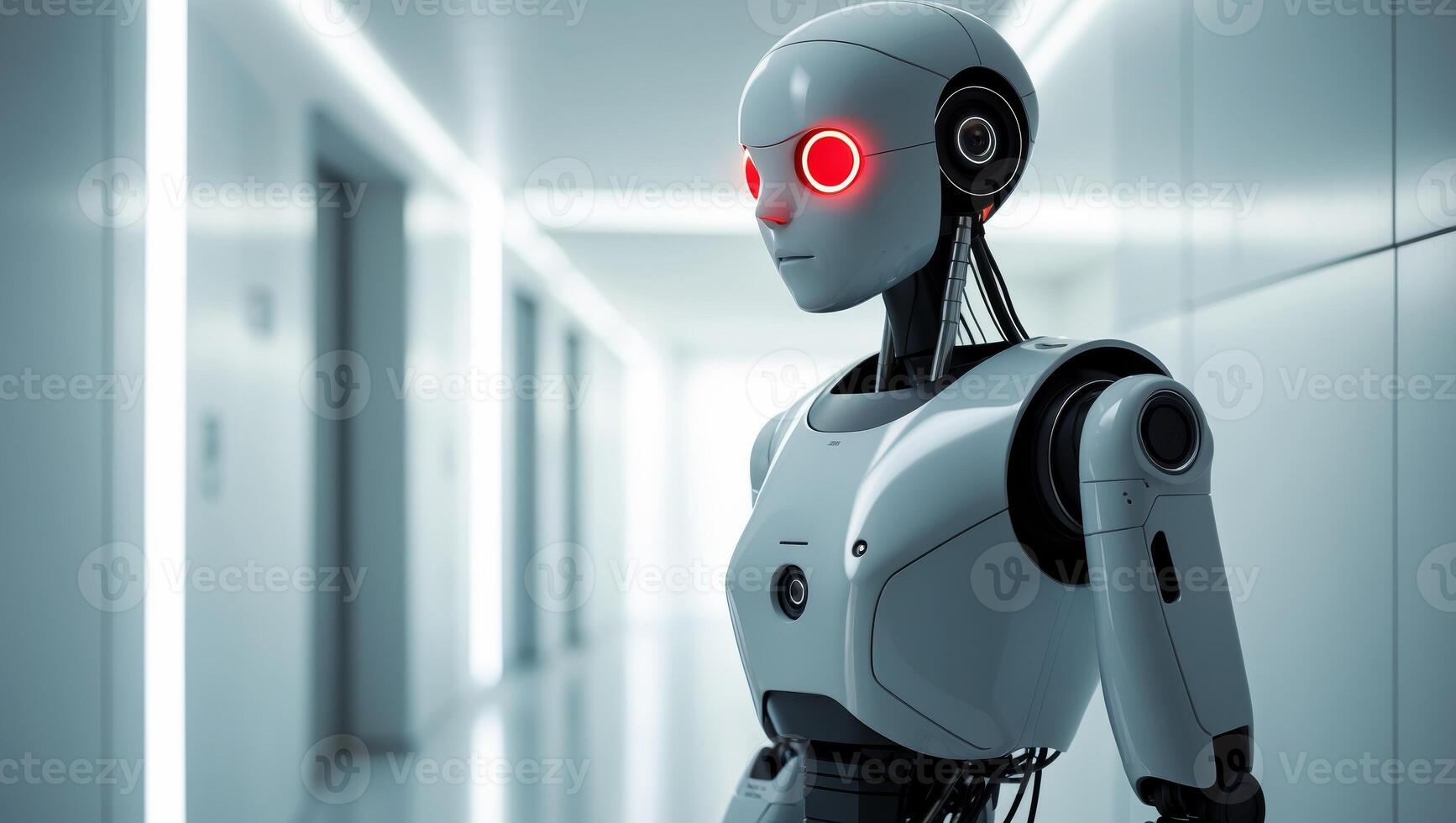 Robot stands in a hallway with a red eye photo