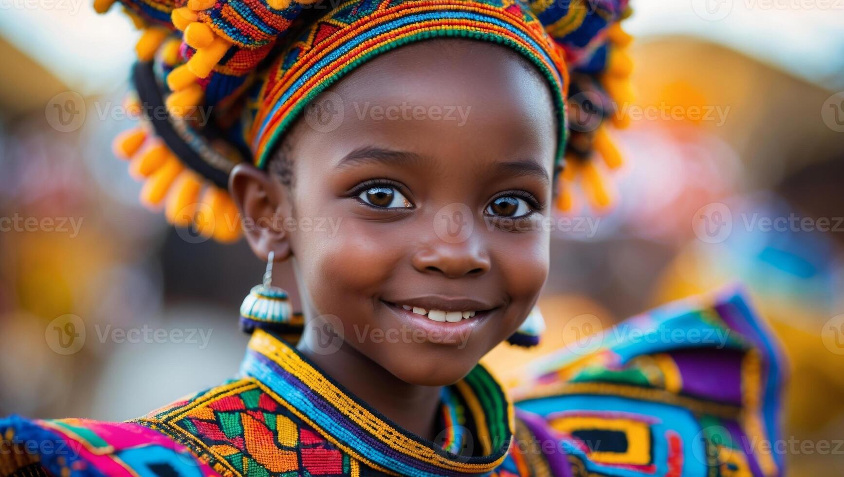 Young african girl in vibrant traditional costume at cultural festival photo