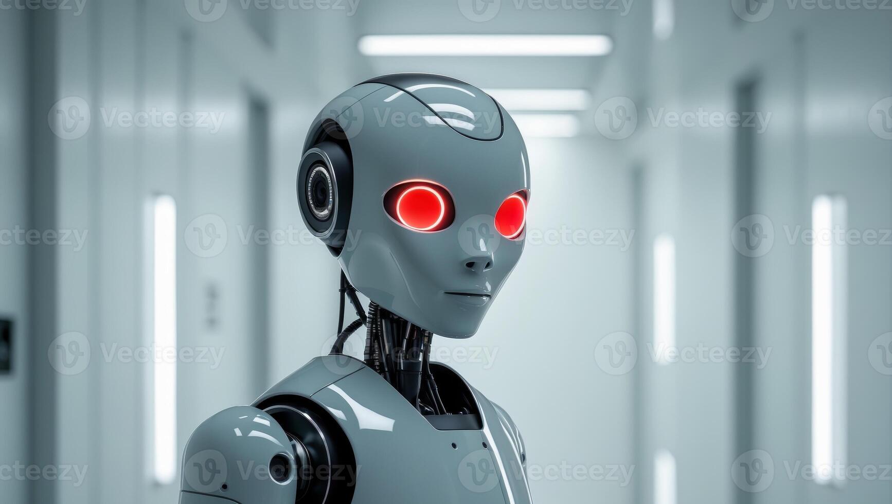 Robot stands in a hallway with a red eyeRobot stands in a hallway with a red eye. photo