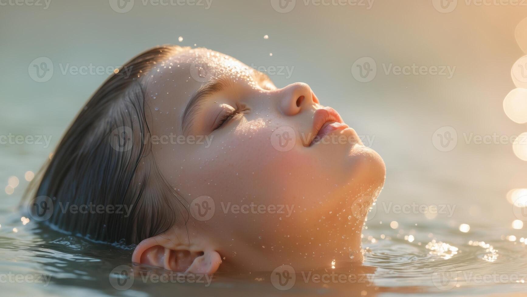 close up horizontal image of a young girl emerging from water photo