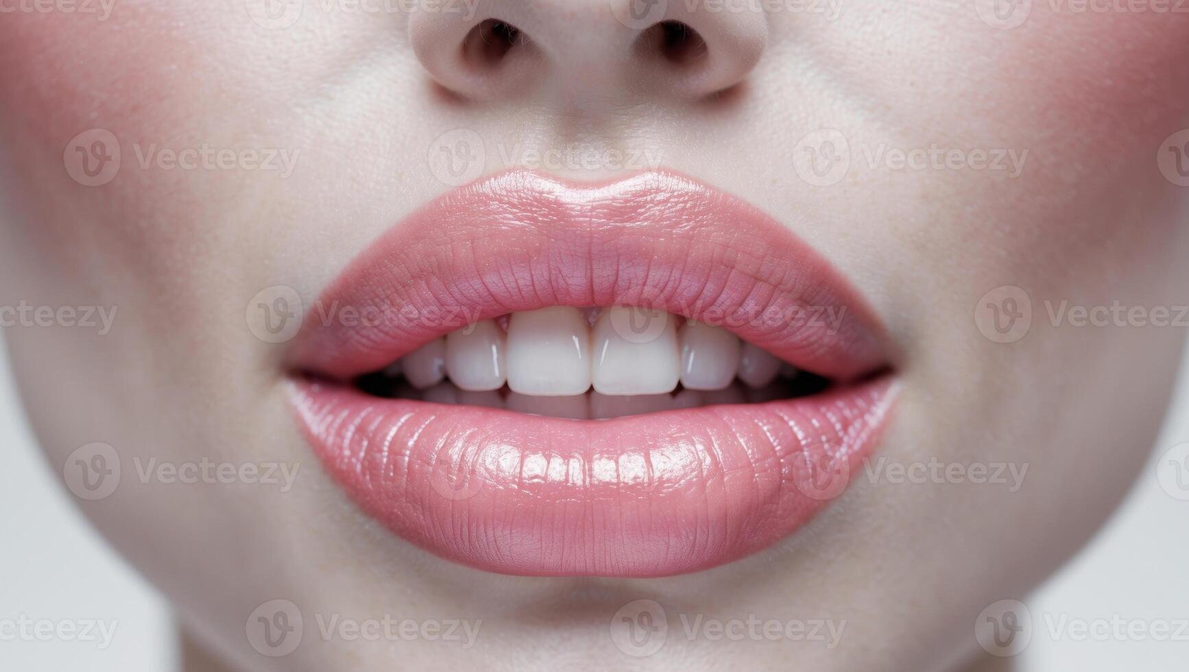 A close up of a pink lips with white teethA close up of a pink lips with white teeth. photo