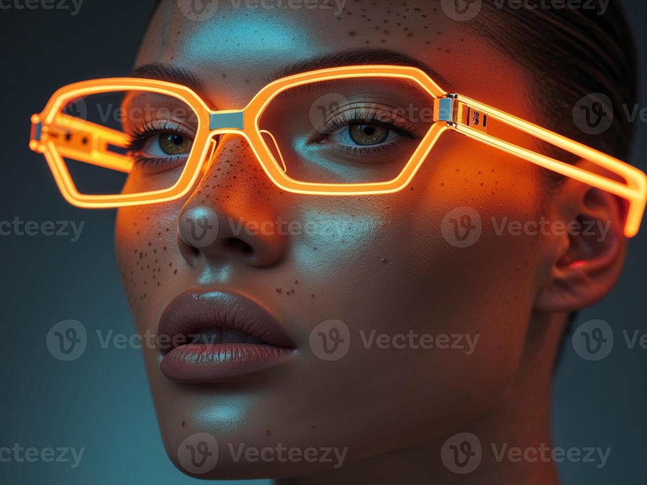 Closeup of model in glowing orange neon glassesCloseup of model in glowing orange neon glasses. photo