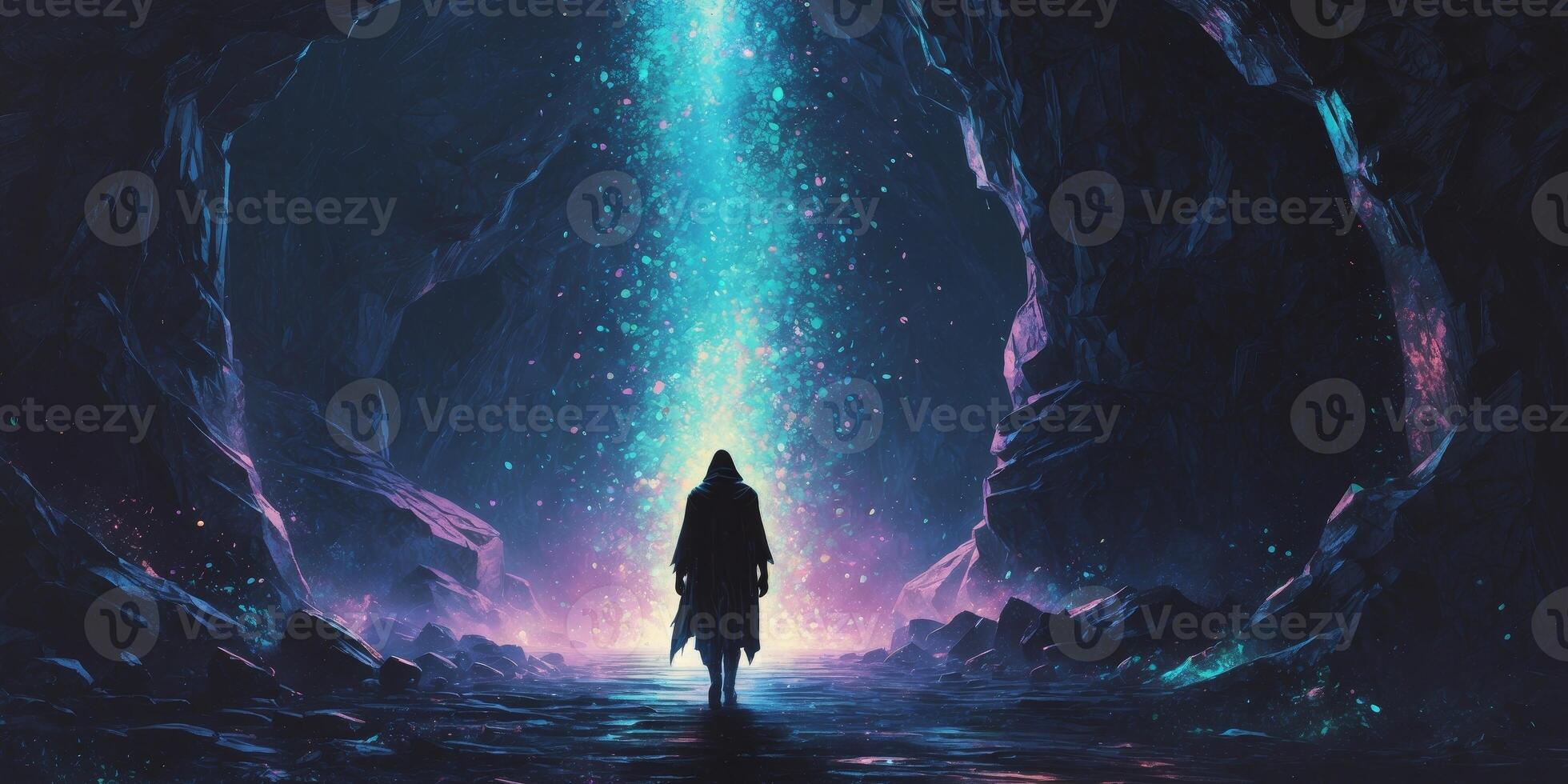 Solitary Figure Advancing Towards a Cave Lit by Glowing Particles photo