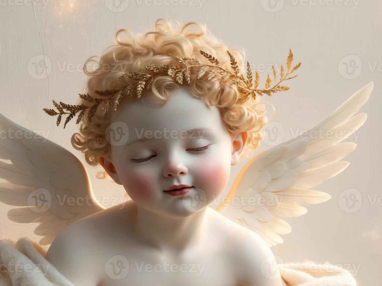 Cherubic figure with delicate wings and golden laurel wreath in soft lighting captures innocence and beauty in serene atmosphere photo