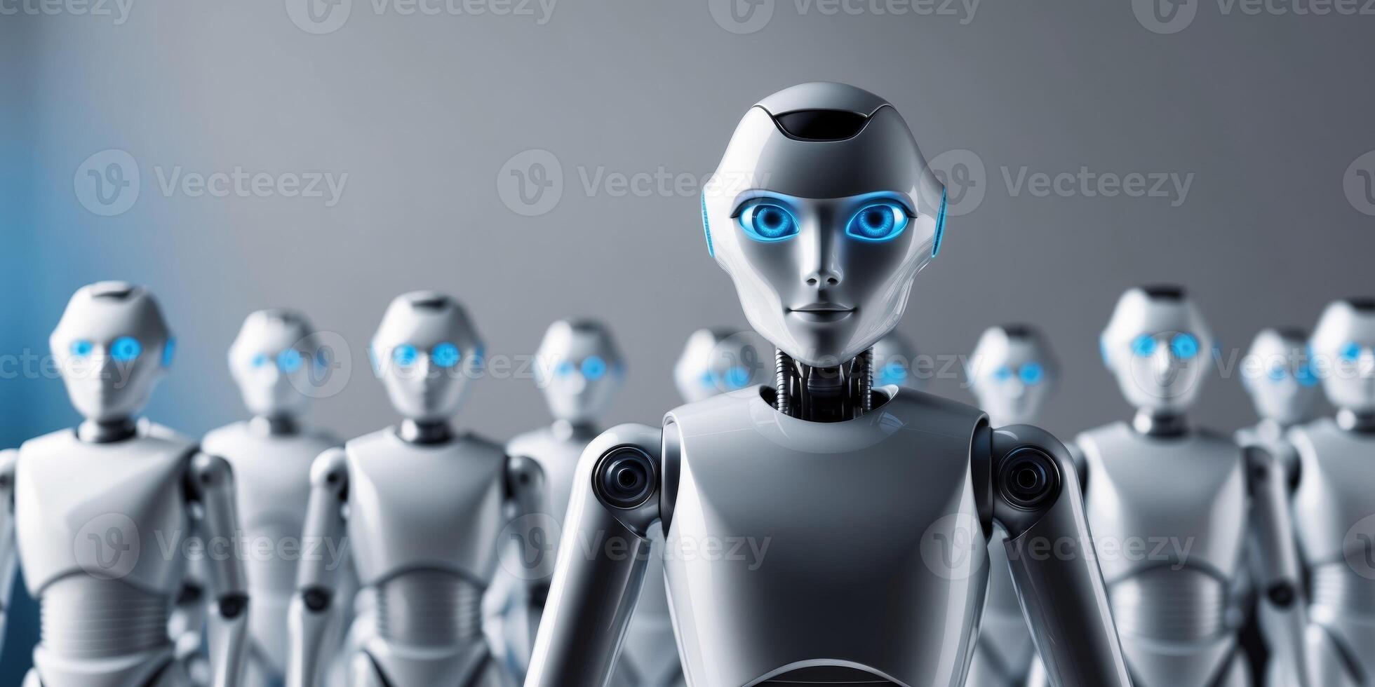 A robot with blue eyes stands in front of a group of robots photo