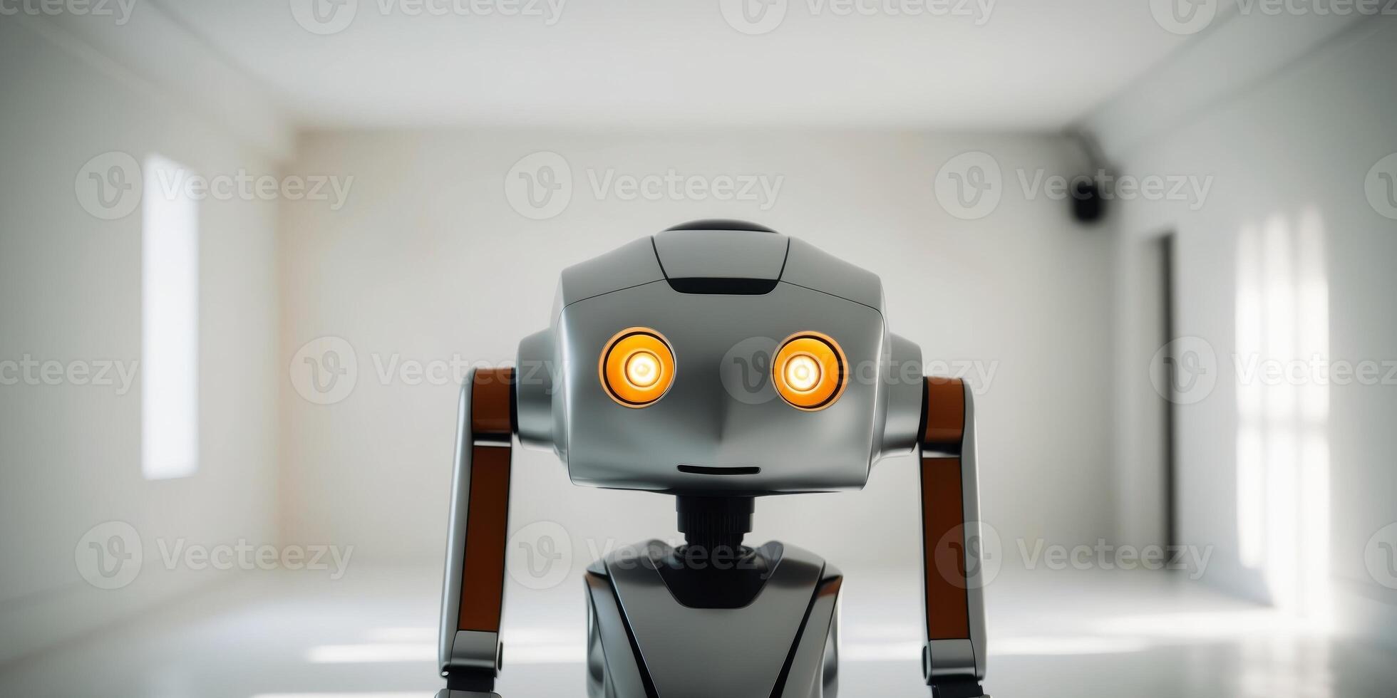 A robot with yellow eyes and orange accents stands in a white room photo