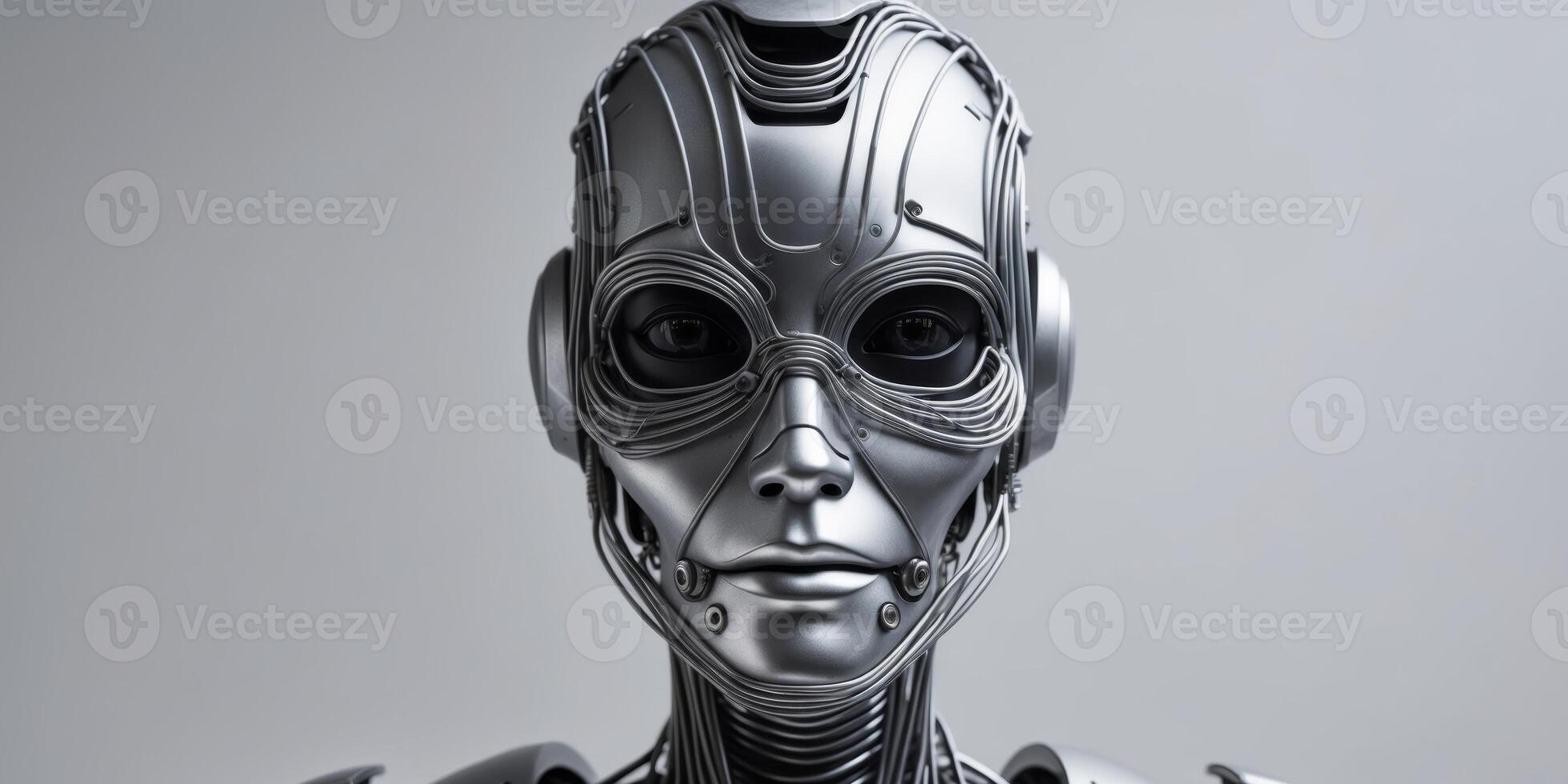 A robot with a face made of metal and wires photo