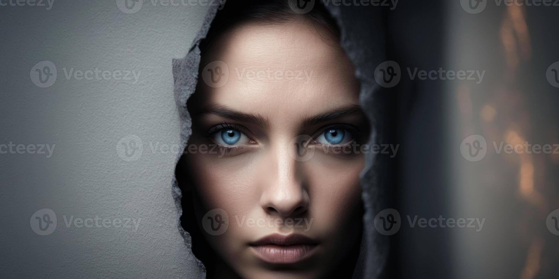 Intense Blue Eyes Gazing Through Textured ShadowIntense Blue Eyes Gazing Through Textured Shadow. photo