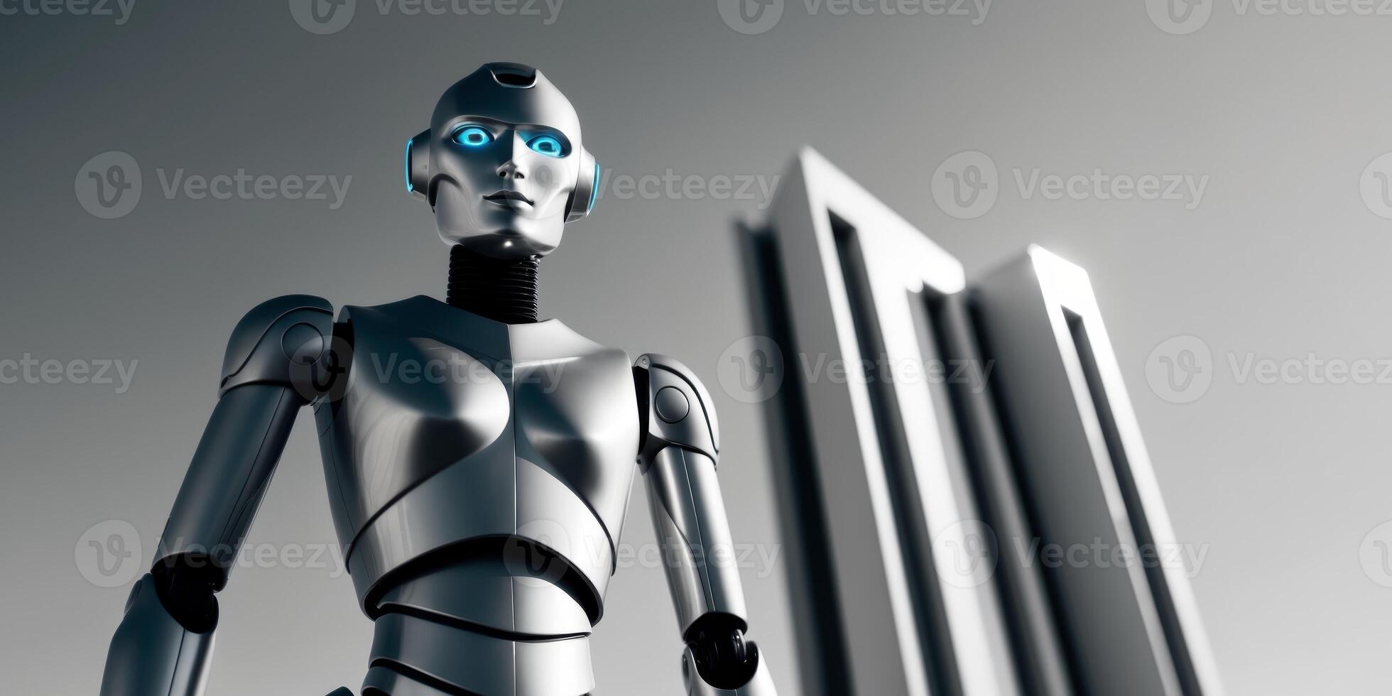 A robot is standing in front of a large building photo