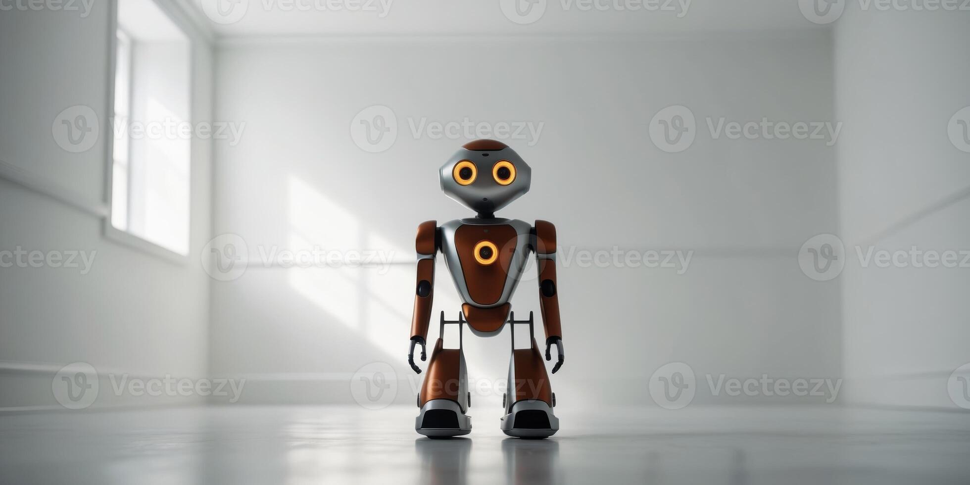 A robot with yellow eyes and orange accents stands in a white roomA robot with yellow eyes and orange accents stands in a white room. photo