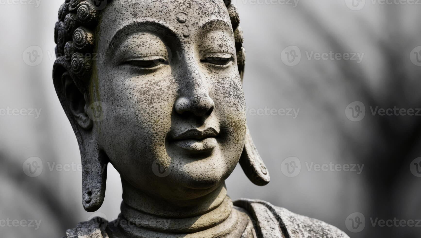 Weathered stone statue with serene expression. photo