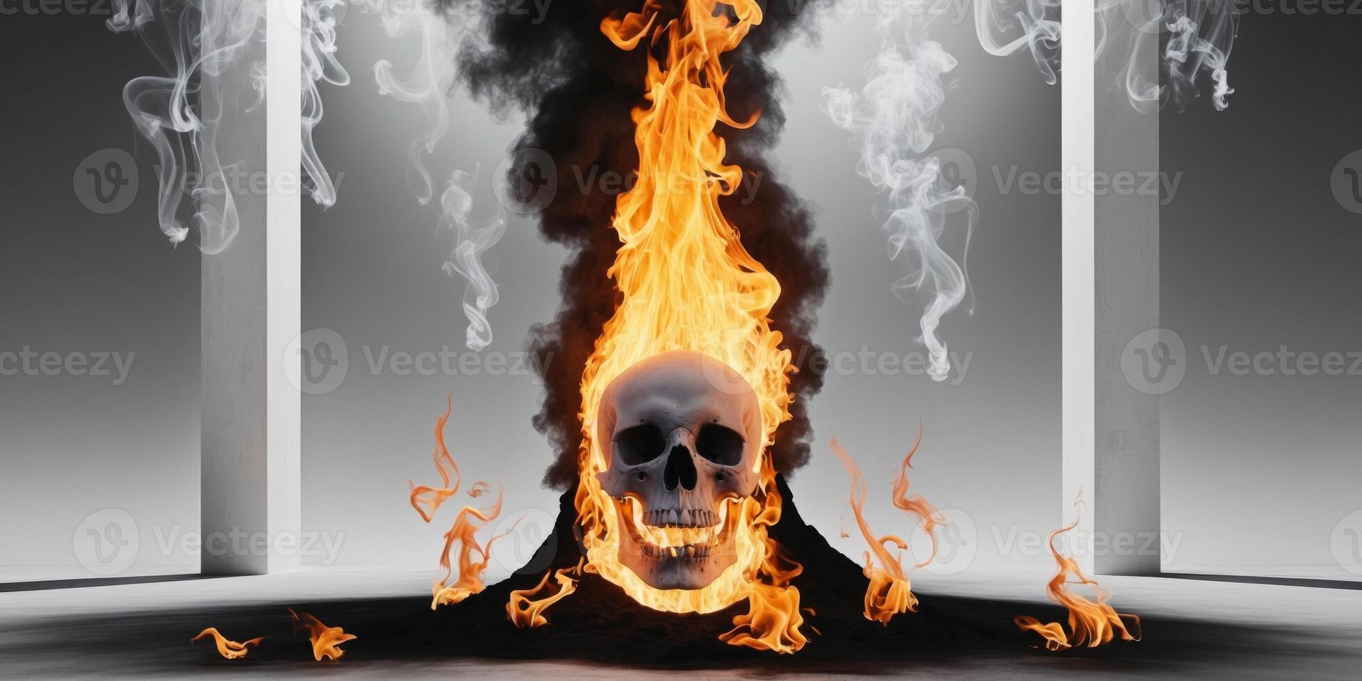 A Glowing Skull Emerges From a Tower of Smoke and Flames in the Sky. photo