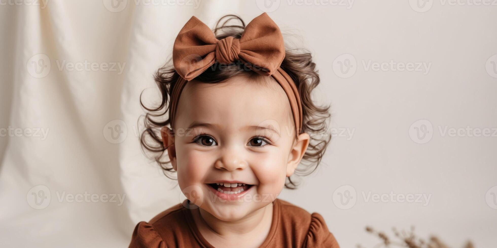 Adorable smiling toddler girl in brown outfit with bow headband. photo