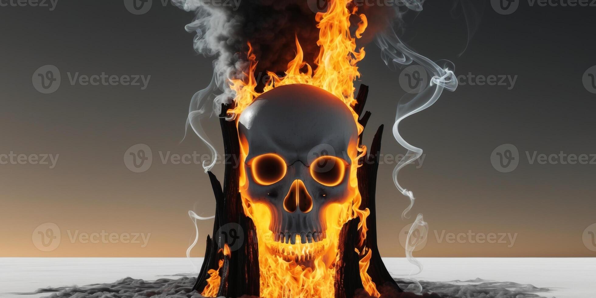 A Glowing Skull Emerges From a Tower of Smoke and Flames in the Sky.A Glowing Skull Emerges From a Tower of Smoke and Flames in the Sky. photo