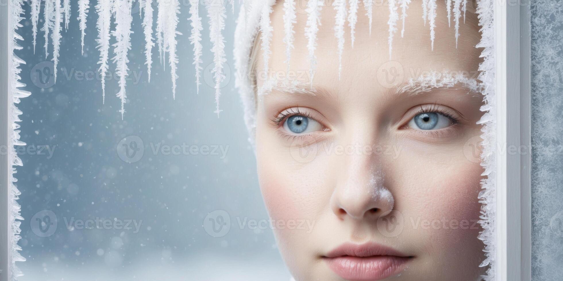 Winter Eyes Frozen Face Looking Through a Snow Covered Frame.Winter Eyes Frozen Face Looking Through a Snow Covered Frame. photo