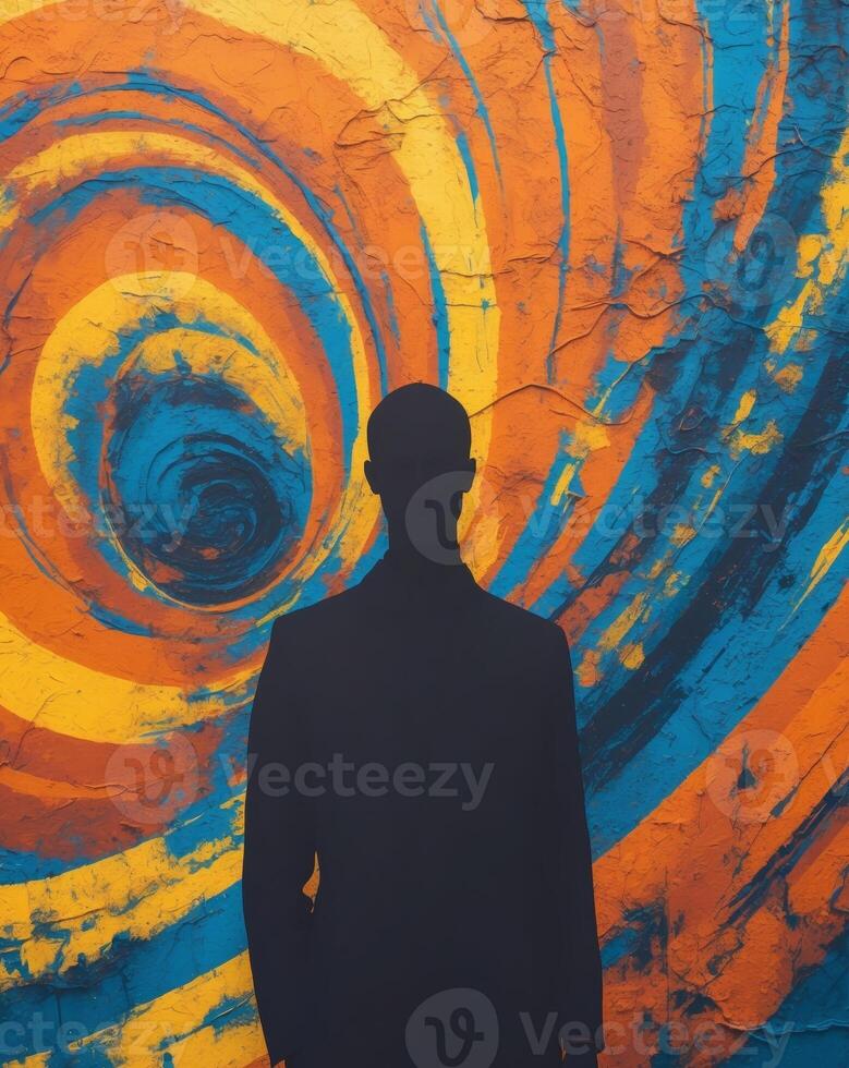 Colorful abstract wall art with silhouette figure and vibrant background photo