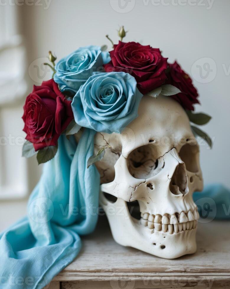 A whimsical skull adorned with roses and a blue scarf resting on a wooden table photo