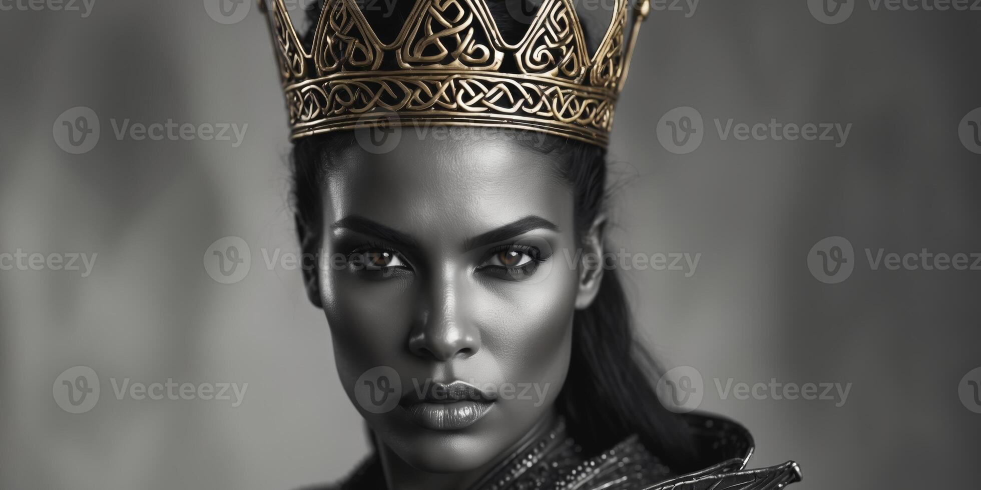 Fierce Warrior Queen with Crown and Intense Expression in HarmonyFierce Warrior Queen with Crown and Intense Expression in Harmony. photo